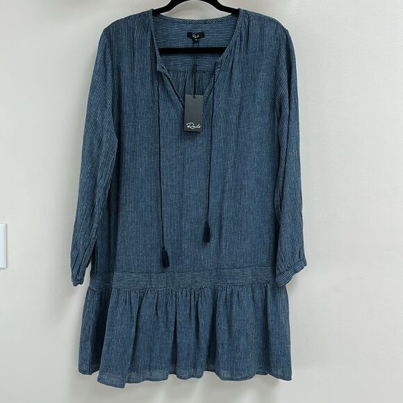 Rails Lydia Linen & Rayon Salem Stripe Blue Long Sleeve Dress M - Picture 2 of 9